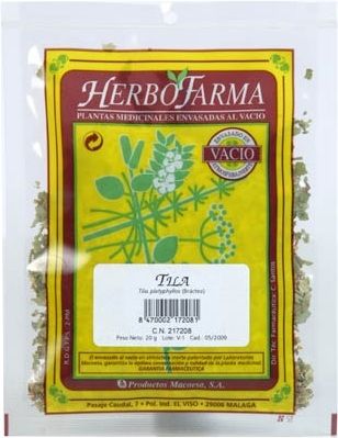 Tila Herbofarma. Sumidades floridas cortadas de <i>Tilia platyphyllos</i>. Bolsa 20 g, envasado al vacío con atmósfera protectora. CN: 217208.1. 