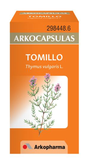 Arkocápsulas Tomillo. Cada cápsula contiene 250 mg de polvo micronizado de tallos floridos de Tomillo (<i>Thymus vulgaris</i> L.). Valoración en principios activos: superior al 1,5% de aceite esencial. Envase de 50 cápsulas, CN: 298448. 
