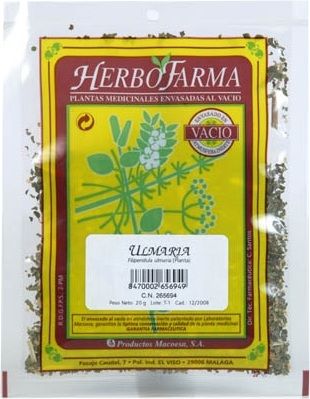 Ulmaria Herbofarma. Sumidades floridas cortadas de <i>Filipendula ulmaria</i>. Bolsa 20 g, envasado al vacío con atmósfera protectora. CN: 265694.9. 