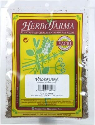 Valeriana Herbofarma. Raíces cortadas de <i>Valeriana officinalis</i>. Bolsa 60 g, envasado al vacío con atmósfera protectora. CN: 313908.3.