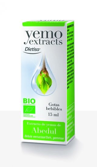 Yemo Extracts Abedul. Extracto hidroalcohólico glicerinado de yemas de abedul (<i>Betula verrucosa</i> Ehrh, gemmae). Alcohol: 30% vol. Frasco cuentagotas 15 mL estuchado. Complemento alimenticio.