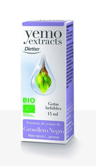 Yemo Extracts Grosellero negro. Extracto hidroalcohólico glicerinado de yemas de grosellero negro (<i>Ribes nigrum</i> L., gemmae). Alcohol: 30% vol. Frasco cuentagotas de 15 mL estuchado. Complemento alimenticio. 