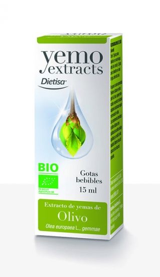 Yemo Extracts Olivo. Extracto hidroalcohólico glicerinado de yemas de olivo (<i>Olea europaea</i> L., gemmae). Alcohol: 30% vol.  Frasco cuentagotas de 15 mL estuchado. Complemento alimenticio.