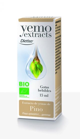 Yemo Extracts Pino. Extracto hidroalcohólico glicerinado de yemas de pino (<i>Pinus sylvestris</i> L. gemmae). Alcohol: 30% vol. Frasco cuentagotas de 15 mL estuchado. Complemento alimenticio.