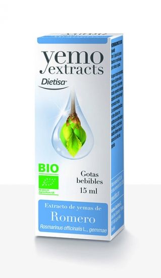 Yemo Extracts Romero. Extracto hidroalcohólico glicerinado de brotes jóvenes de romero (<i>Rosmarinum officinalis</i> L. surculi recentes). Alcohol: 30% vol. Frasco cuentagotas de 15 mL estuchado. Complemento alimenticio.