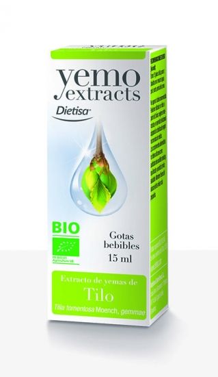 Yemo Extracts Tilo. Extracto hidroalcohólico glicerinado de yemas de tilo (<i>Tilia tomentosa</i> Moench, gemmae). Alcohol: 30% vol. Frasco cuentagotas de 15 mL estuchado. Complemento alimenticio.