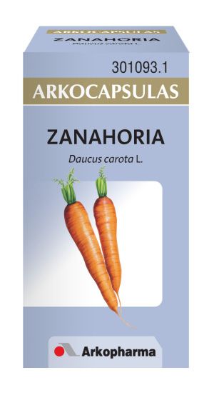 Arkocápsulas Zanahoria. Cada cápsula contiene 370 mg de polvo micronizado de la raíz seca de Zanahoria (<i>Daucus carota</i> L.). Envases de 50 cápsulas, CN: 301093. 