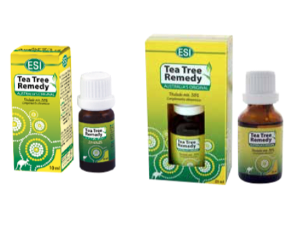 Aceite de árbol del té 100% ESI. Frascos de 10 mL y de 25 mL, en caja.