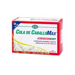 Cola de CaballoMax. Caja de 60 tabletas de 380 mg, en blíster. Cada tableta contiene 200 mg de polvo de sumidad de cola de caballo y 180 mg de extracto seco (2% sílice). Complemento alimenticio.