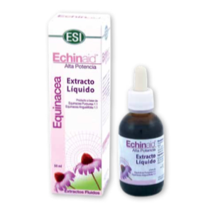 Echinaid Extracto Hidroalcohólico. Frasco de 50 mL, con cuentagotas, en caja. Contiene 25 mL de extracto fluido de raíz de equinácea angustifolia y 25 mL de extracto fluido de raíz de equinácea purpúrea. Complemento alimenticio.