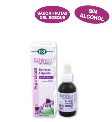 Echinaid Extracto sin alcohol. Frasco de 50 mL, con cuentagotas, en caja. El frasco contiene 5,68 g de extracto seco (4:1) de planta de equinácea purpúrea. Complemento alimenticio.