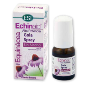 Echinaid Gola Spray. Frasco con dosificador de 20 mL, en caja. Cada frasco contiene 600 mg de extracto seco (4:1) de equinácea purpúrea. 