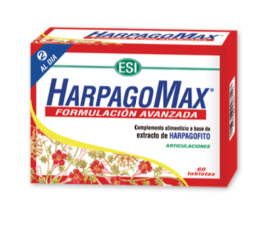 HarpagoMax. Caja de 60 tabletas de 380 mg, en blíster. Cada tableta contiene 200 mg de polvo de raíz de harpagofito y 180 mg de extracto seco (2% iridoides). Complemento alimenticio.