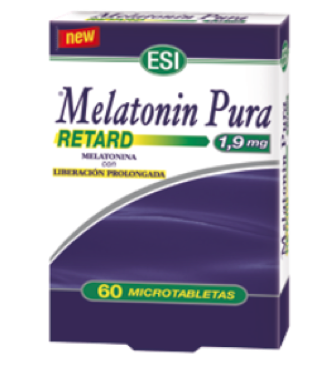 Melatonin Pura Retard. Caja de 60 microtabletas, en blíster. Cada tableta contiene 1,9 mg de melatonina. Complemento alimentario.
