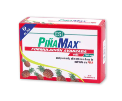 PiñaMax. Caja de 60 tabletas de 380 mg, en blíster. Cada tableta contiene 200 mg de polvo de tallo de piña y 180 mg de extracto seco. Complemento alimenticio.