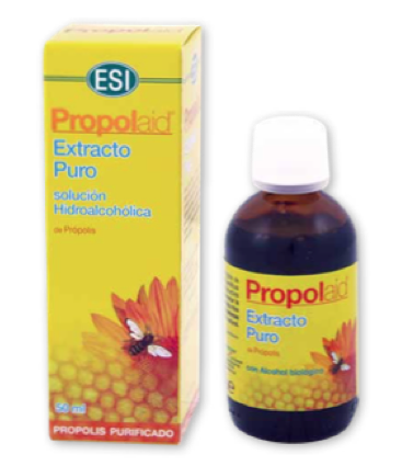 Propolaid Extracto Puro, solución hidroalcahólica. Frasco con cuentagotas de 50 mL, en caja. Complemento alimentario.