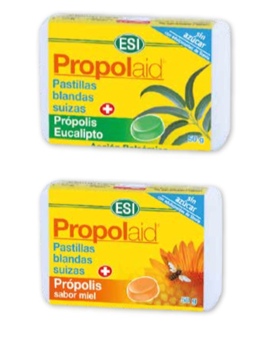 Propolaid Pastillas Blandas Suizas con extracto de própolis. Presentaciones: Eucalipto y sabor a miel. Caja de 50 gr (50 unidades apróximadamente). 