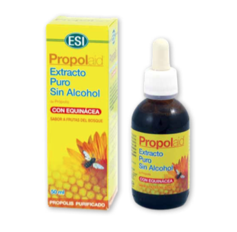 Propolaid Extracto Puro, sin alcohol. Frasco con cuentagotas de 50 mL, en caja. Cada frasco contiene 1000 mg de extracto seco de própolis (12% galangina). Complemento alimentario.