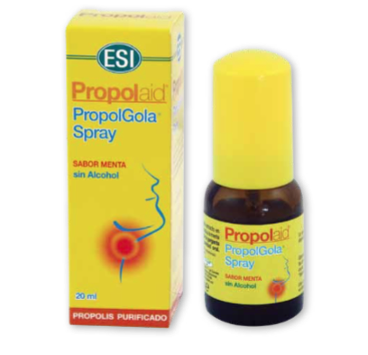 Propolaid Propolgola Spray sin alcohol. Frasco de 20 mL, con dosificador, en caja. El frasco contiene 600 mg de extracto seco de própilis (12% de galangina). Excipientes: glicerina, agua depurada; aroma: menta; conservante: sorbato de potasio.