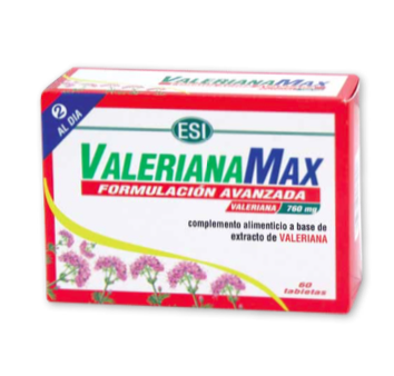 ValerianaMax. Caja de 60 tabletas de 380 mg, en blíster. Cada tableta contiene 200 mg de polvo de rizoma de valeriana y 180 mg de extracto seco. Complemento alimenticio.