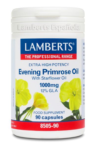 Aceite de Prímula 1.000 mg. Envase con 90 cápsulas. Cada cápsula aporta 90 mg de ácido gamma-linolénico (GLA) y 10 mg de Vitamina E. Complemento alimenticio.