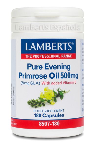 Aceite de Prímula 500 mg. Envase con 180 cápsulas. Cada cápsula aporta 50 mg de ácido gamma- linolénico (GLA) y 10 mg de Vitamina E.  Complemento alimenticio.