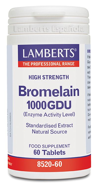 Bromelina 1000 GDU. Envase con 60 tabletas. Cada tableta aporta 500 mg de bromelina. Nivel de actividad enzimática: 1.250 GDU. Complemento alimenticio.
