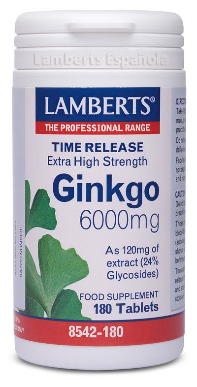 Ginkgo Biloba 6.000 mg. Envase con 180 tabletas de liberación sostenida que liberan su contenido a lo largo de 2 a 3 horas. Cada tableta proporciona 120 mg de extracto 50:1, equivalente a 6.000 mg de hojas de <i>Ginkgo biloba</i> (garantizando 28,8 mg de flavonglicósidos y 7,2 mg de ginkgólidos A, B, C y Bilobálidos). Complemento alimenticio. 