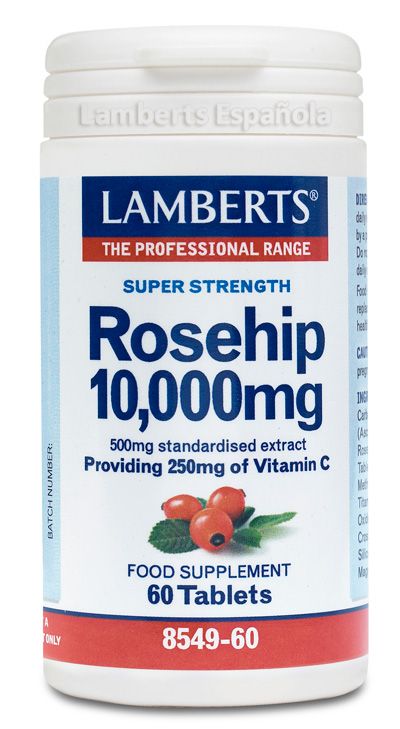 Escaramujo 10.000 mg. Envase con 60 tabletas. Cada tableta contiene 500 mg de extracto equivalente a 10.000 mg de escaramujo (aportando 250 mg de vitamina C). Complemento alimenticio.