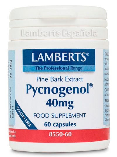 Pycnogenol 40 mg. Envase con 60 cápsulas. Cada cápsula aporta 40 mg de extracto de corteza de pino marítimo. Complemento alimenticio. 