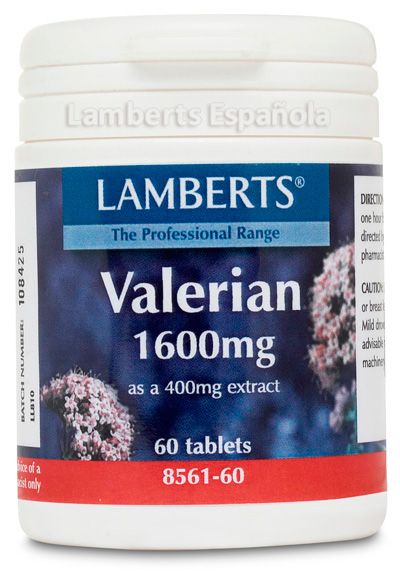 Valeriana 1.600 mg. Envase con 60 tabletas. Cada tableta proporciona 400 mg de extracto 4:1 equivalente a 1.600 mg de valeriana. Complemento alimenticio. 