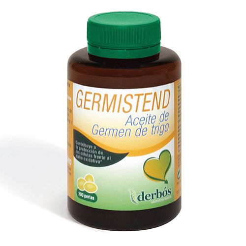 Germistend 200 perlas. Cada perla contiene aceite de germen de trigo, vitamina E. Envase con 200 Perlas de 696,44 mg. Advertencia: contiene una fuente de gluten. Sin lactosa. Complemento alimenticio.