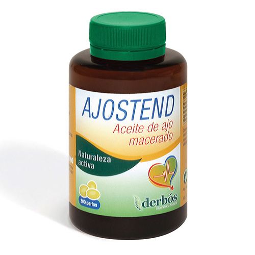 Ajostend Perlas. Cada perla contiene 500 mg de aceite de ajo macerado en aceite vegetal. Envases con 100 y 200 perlas de de 695,19 mg. Complemento alimenticio.