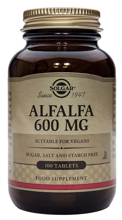 Solgar Alfalfa 600 mg. Frascos de 100 comprimidos. Cada comprimido aporta 600 mg polvo de alfalfa y 25 mg de calcio. Complemento alimenticio para adultos.