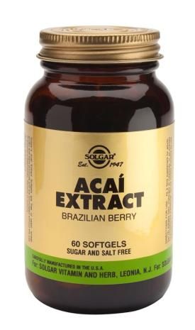 Solgar Acaí Extracto de Baya de Brasil. Frasco de 60 cápsulas blandas. Cada cápsula blanda aporta: 25 mg de extracto (20:1) de fruto de acaí (<i>Euterpe oleracea</i>), equivalente a 500 mg de baya natural en polvo). Complemento alimenticio para adultos.