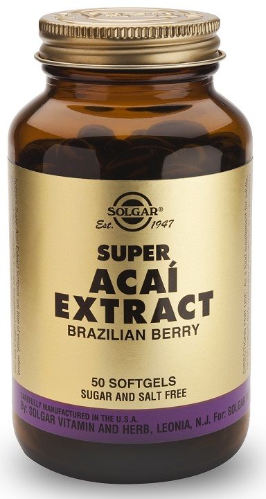 Solgar Super Acaí Extracto de Baya de Brasil. 50 cápsulas blandas. Cada cápsula aporta 150 mg de extracto (20:1) de fruto de acaí (<i>Euterpe oleracea</i>), equivalente a 3.000 mg de baya natural en polvo. Complemento alimenticio para adultos.