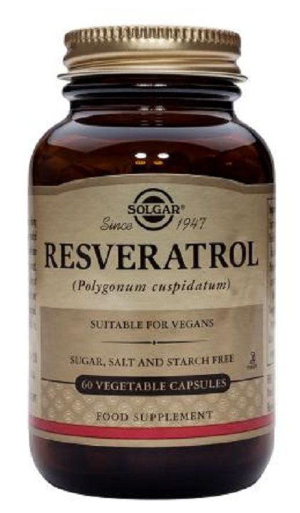 Solgar Resveratrol. Frascos de 60 cápsulas vegetales. Cada cápsula vegetal aporta: 200 mg de raíz de <i>Polygonum cuspidatum</i>. Complemento alimenticio para adultos.