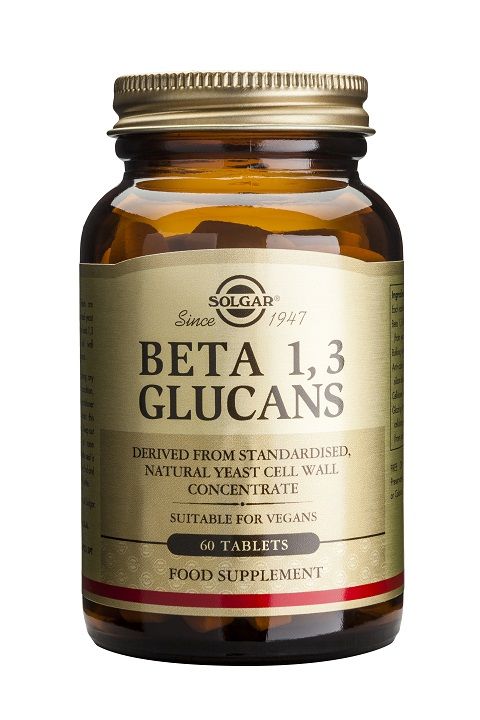 Solgar Beta 1,3 Glucanos. Frascos de 60 comprimidos. Cada comprimido aporta 200 mg de beta 1,3 glucanos (derivados de concentrado de paredes celulares de levadura). Complemento alimenticio para adultos.