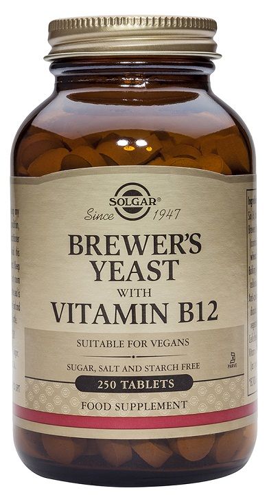 Solgar Levadura de Cerveza con Vitamina B<sub>12</sub>. Frasco con 250 comprimidos de 500 mg. Cada 6 comprimidos contienen 3.000 mg de levadura de cerveza y 5 microgramos de vitamina B<sub>12</sub>. Complemento alimenticio para adultos.