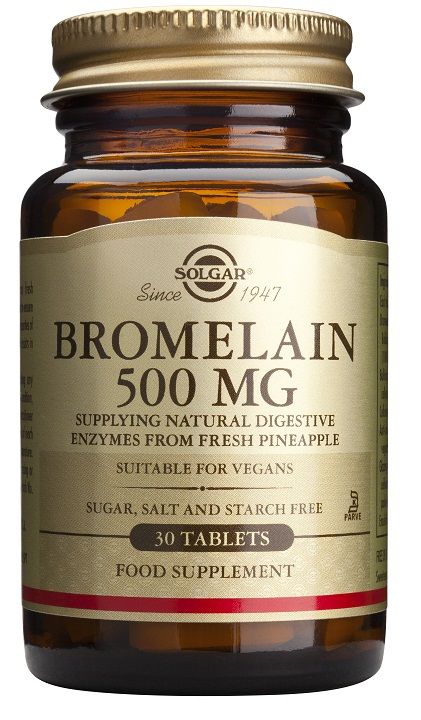 Solgar Bromelina 500 mg. Envase con 30 comprimidos de 500 mg. Cada comprimido aporta 500 mg de bromelina (2.000 unidades digestivas de gelatina por gramo), extraída de piña fresca. Complemento alimenticio para adultos.