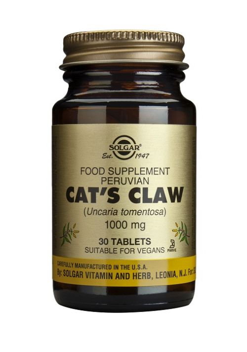 Solgar Uña de Gato 1000 mg Comprimidos. Frascos de 30 y 90 comprimidos. Cada comprimido aporta 1.000 mg de polvo de corteza interna de uña de gato (<i>Uncaria tomentosa</i>). Complemento alimenticio para adultos.