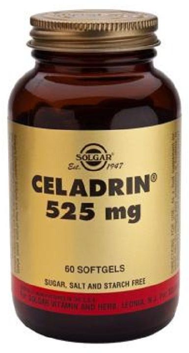 Solgar Celadrín 525 mg. Frascos de 60 cápsulas blandas. Cada cápsula blandas aporta: 1050 mg de Celadrín (complejo de ácidos grasos esterificados). Complemento alimenticio para adultos.