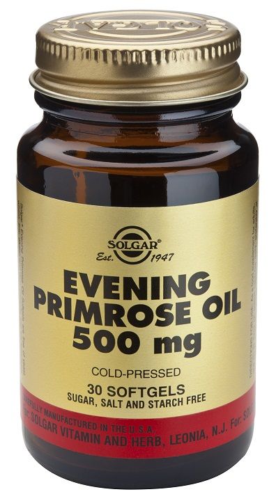 Solgar Aceite de Prímula de Rosa 500 mg. Frascos de 30 y 180 cápsulas blandas. Cada cápsula contiene 500 mg de aceite de onagra que aportan 365 mg de ácido linoleico y 50 mg de gamma-linolénico (GLA). Complemento alimenticio para adultos.