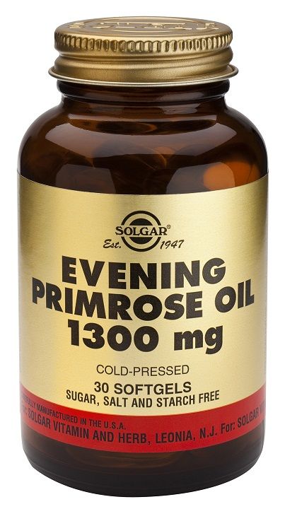 Solgar Aceite de Prímula de rosa 1300 mg. Frascos de 30 cápsulas blandas. Cada cápsula blanda contiene: 1300 mg de aceite de semilla de prímula (Onagra), que aporta 949 mg de ścido linoleico y 117 mg de ácido gamma linolénico (GLA). Complemento alimenticio para adultos.