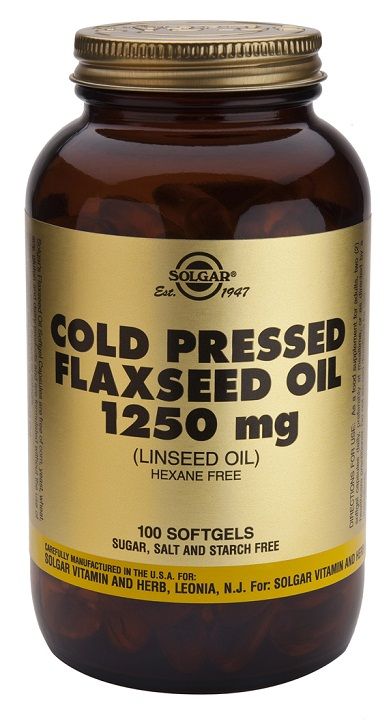 Solgar Aceite de Linaza 1250 mg. Frasco con 100 cápsulas blandas. Cada dos cápsulas aportan 2.500 mg de aceite de semillas de lino, que contienen 1.300 mg de ácido alfa-linolénico (ALA), 375 mg de ácido linoleico, 325 mg de ácido oleico, 125 de ácido palmítico, 75 mg de ácido esteárico y 300 mg de otros ácidos grasos. Complemento alimenticio para adultos. 