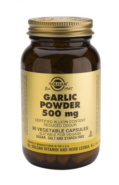 Solgar Cápsulas de Ajo en polvo 500 mg. Cada cápsula vegetal contiene 500 mg de ajo (<i>Allium sativum</i>) en polvo, que aporta: alicina rendimiento o alicina potencial 750 μg, aliína 5.000 μg, gamma glutamil cisteínas 8.000 μg. Frascos de 90 cápsulas vegetales. Complemento alimenticio para adultos.