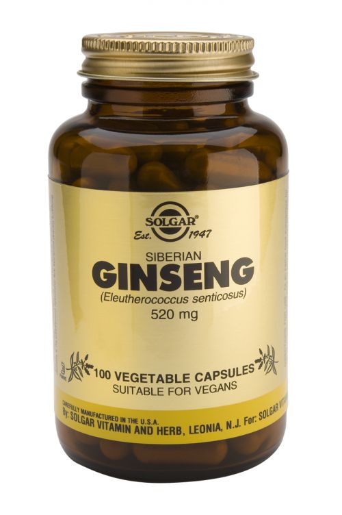 Solgar Ginseng Siberiano 520 mg. Frascos de 100 cápsulas vegetales. Cada cápsula aporta 520 mg de polvo de raíz de ginseng siberiano (<i>Eleutherococcus senticosus</i>). Complemento alimenticio para adultos.