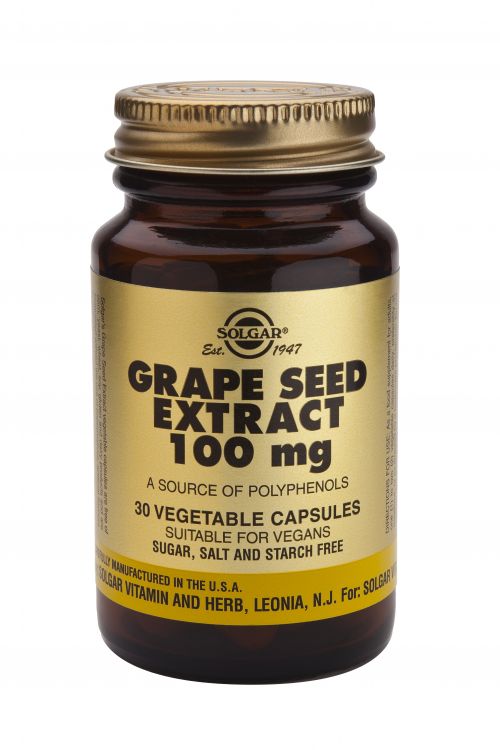 Solgar Uva 100 mg Extracto de semilla. 30 cápsulas. Cada cápsula vegetal contiene 100 mg de extracto de semilla de uva, que aportan 90 mg de polifenoles. Complemento alimenticio para adultos.