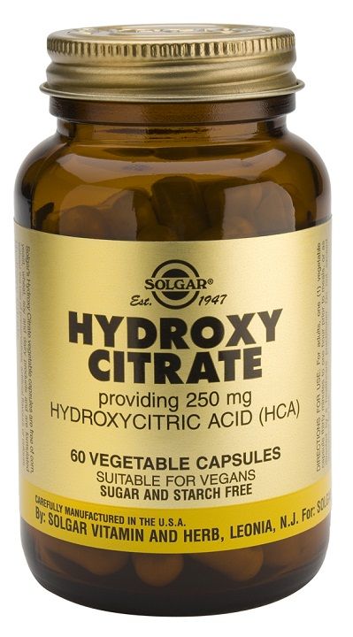 Solgar Hidroxicitrato (HCA). Frascos con 60 cápsulas vegetales. Cada cápsula contiene 500 mg de hidroxicitrato que aportan 250 mg de ácido hidroxicítrico obtenido del fruto de <i>Garcinia cambogia</i>. Complemento alimenticio para adultos.