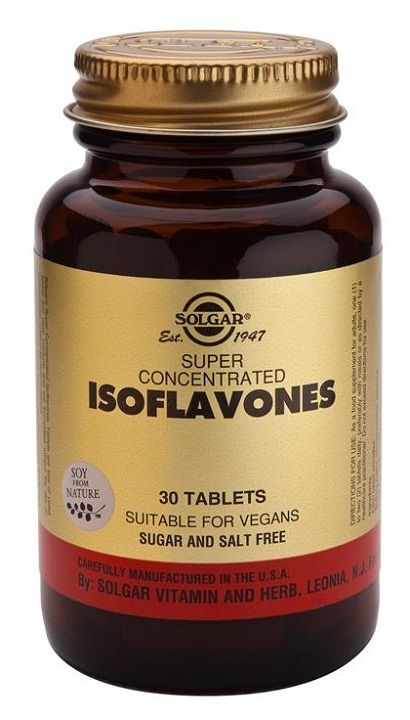 Solgar Super concentrado de Soja Comprimidos. Frascos de 30 y 60 comprimidos. Cada comprimido aporta 38 mg de isoflavonas de soja. Complemento alimenticio para adultos.